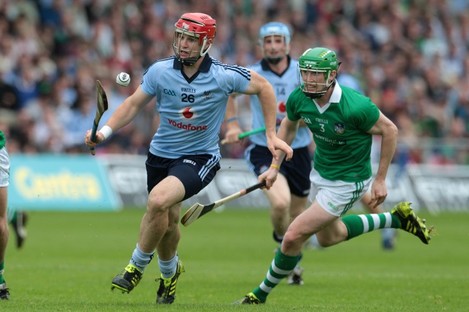 Dublin's David Treacy and Seamus Hickey of Limerick during the All-Ireland quarter-final. 