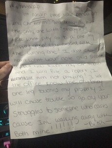 Amputee called 'cry baby one leg' after neighbour takes her parking space