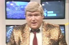 Derek Davis in a fabulous gold jacket at the helm of RTÉ's Live Aid coverage