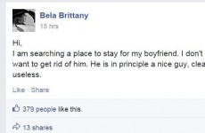 A woman is using the Rent in Dublin Facebook page to get rid of her 'useless' boyfriend