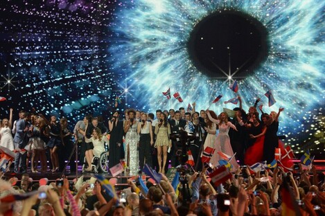 Contestants celebrate at Thursday's Eurovision semi-final