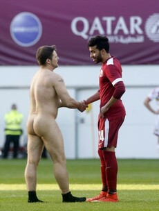 This streaker shaking hands with a Qatar player is the fairplay ad of the future