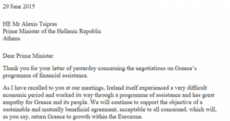 Here is the letter Enda Kenny sent to Alexis Tsipras last night
