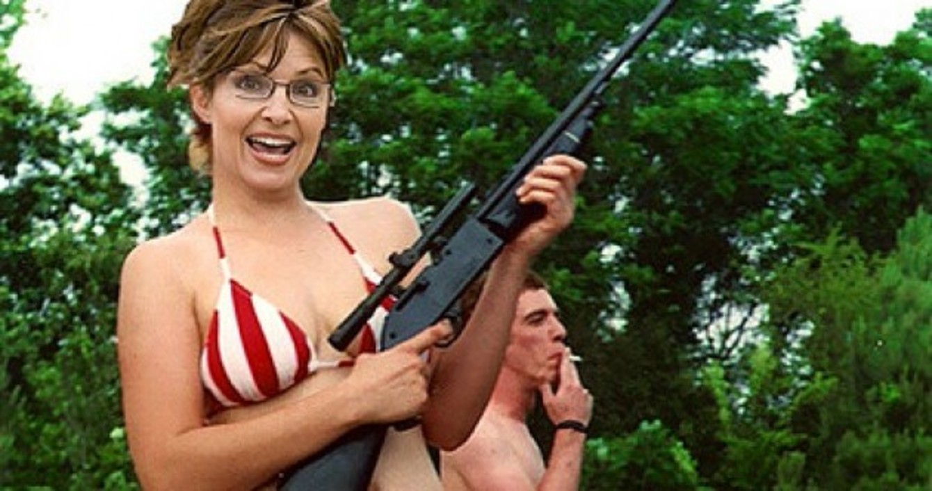 A doctored photo of Sarah Palin, falsely showing her in a bikini with a gun...