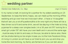 An Irish man is looking for a wedding plus-one on DoneDeal with all her 'own teeth'