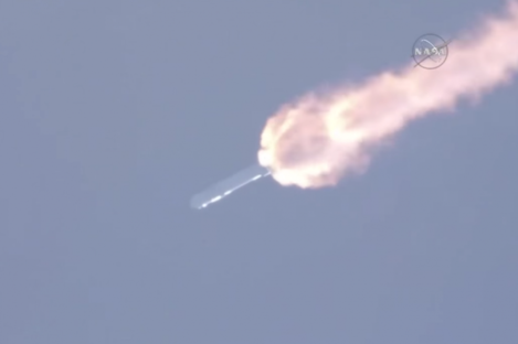 The SpaceX Falcon 9 rocket begins to break up after launch