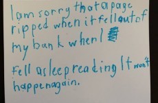 A little boy ripped a page in his library book and wrote the cutest apology