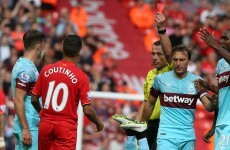 Liverpool's disastrous day continues as Coutinho is sent off