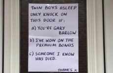All new parents will relate to the hilarious sign on this Mam's front door