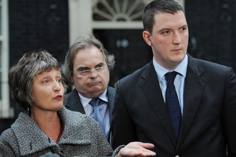 The family of murdered solicitor Pat Finucane, including his widow Geraldine and son John (right) stand with their solicitor John Madden outside 10 Downing Street earlier.