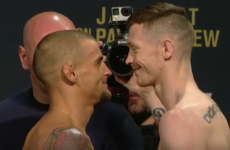 Poirier and Duffy exchange views as they weigh in for UFC 195