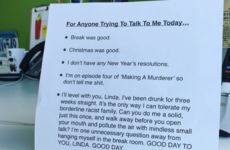 An office worker came up with the perfect post-Christmas desk sign