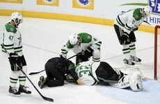 Hockey goalkeeper takes shot to the groin from the NHL's hardest hitter... may never get up