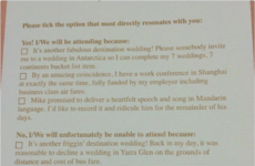 This couple's invite to their 'destination wedding' has the best RSVP card ever