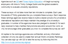 Trinity accused of breaking university ranking rules after asking graduates to complete survey