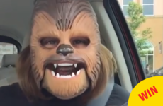 You'll never be as happy as this woman is with her Chewbacca mask