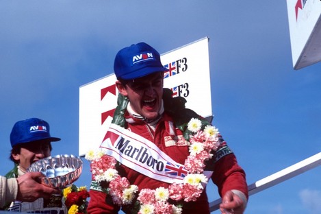 Tommy Byrne celebrates winning an F3 race.