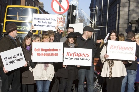Residents of Priory Hall protesting outside the Dáil yesterday