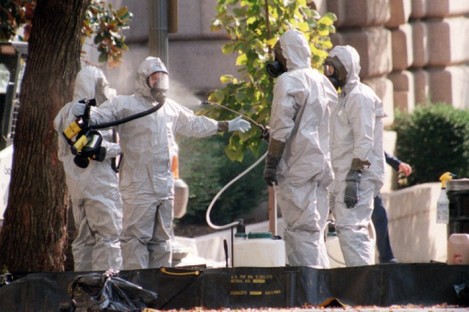 File photo of a hazardous material team outside Capitol Hill in the US in October 2001.