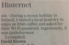 The Telegraph published a letter about an Irish pub's very clever Wi-Fi password