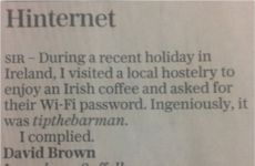 The Telegraph published a letter about an Irish pub's very clever Wi-Fi password