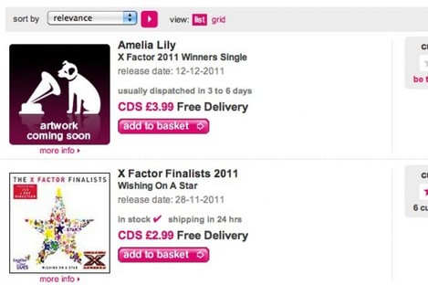 Amelia Lily's 'winner's single' was available for pre-order on HMV.com - with no similar offering for the other two finalists.
