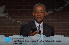 Barack Obama got a dig in at Donald Trump while reading mean tweets about himself last night