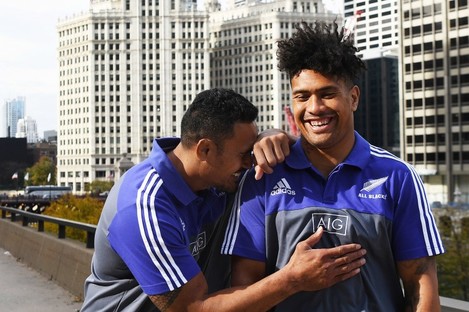 Jerome Kaino and Ardie Savea share a joke after Monday's press obligations.