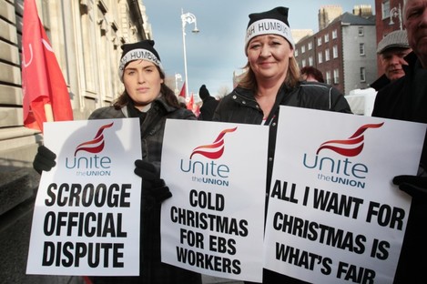 EBS workers who are members of UNITE protested outside the Department of Finance last Friday.