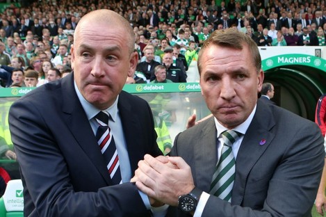 Rangers boss Mark Warburton with Celtic manager Brendan Rodgers.