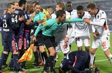 Mario Balotelli shown a straight red card for this kick on a Bordeaux defender