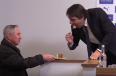 Conte takes a bite of journalist's cake before starting Chelsea press conference