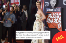 Katy Perry's mates let her pose for photos with quinoa in her teeth and she's raging