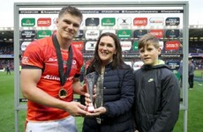 Owen Farrell the first recipient of the Anthony Foley Memorial Trophy as wife and son present award