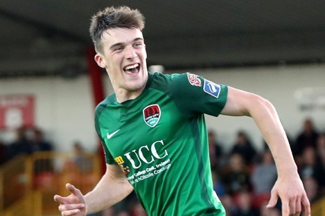 Ryan Delaney celebrates after Kevin O'Connor scored the winner for Cork City against Sligo Rovers on Monday.