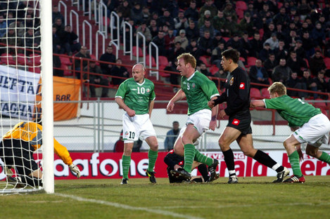 Damien Duff scores a goal for Ireland against Georgia in the infamous 2003 match between the sides.