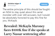 Chrissy Teigen offered to pay Olympic gymnast McKayla Maroney's $100k fine for speaking out against her abuser
