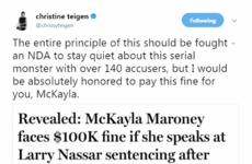 Chrissy Teigen offered to pay Olympic gymnast McKayla Maroney's $100k fine for speaking out against her abuser