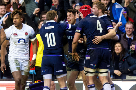 Scotland celebrate Sean Maitland's try at the weekend.