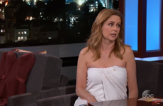 Because of a wardrobe malfunction, Jenna Fischer from The Office wore a towel on Jimmy Kimmel Live