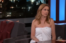 Because of a wardrobe malfunction, Jenna Fischer from The Office wore a towel on Jimmy Kimmel Live