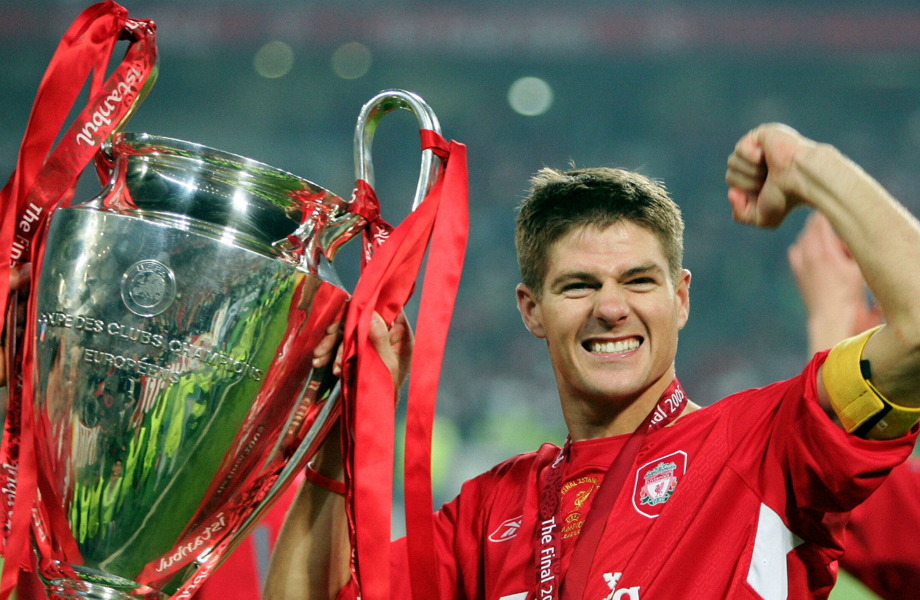  Steven Gerrard celebrates winning the 2005 UEFA Champions League Final with Liverpool after scoring a goal in the Merseyside derby.