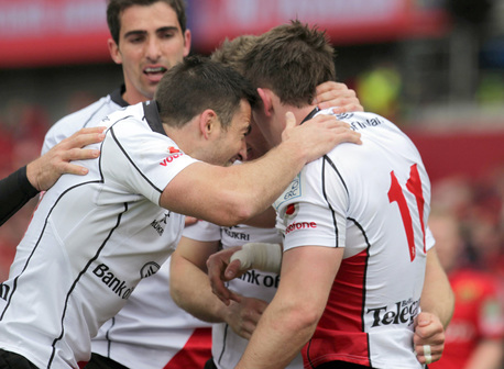 Craig Gilroy celebrates the game's opening try with his Ulster team-mates.
