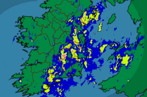 A rainfall radar image from Met Éireann at 7:15pm this evening.