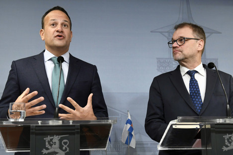 Finland's Prime Minister Juha Sipila, right, and Taoiseach Leo Varadkar attend a press conference at the Prime Minister's official residence Kesaranta in Helsinki, Finland.
