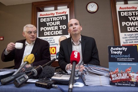 Paul Murphy with Socialist Party colleague Joe Higgins at a press conference today