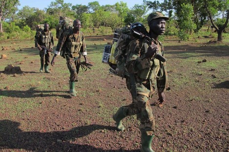 Ugandan soldiers searching for Kony in the Central African Republic jungle in April 2012.