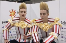 VIDEO: Jedward dress up as tubs of popcorn (literally) at the Eurovision