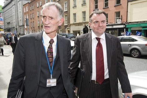  Chairman of the Board at RTE Tom Savage (left) and Director General Noel Curran arrive at Leinster House 