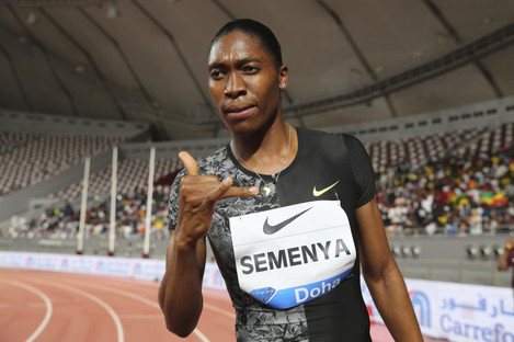 South Africa's Caster Semenya celebrates after winning the gold in the women's 800m final during the Diamond League in Doha, Qatar, on 3 May.